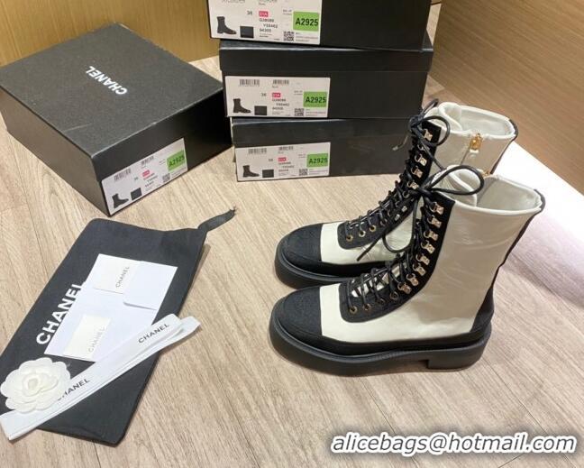 Top Quality Chanel Shiny Leather and Grosgrain Laced Short Boots 081401 White/Black 2021