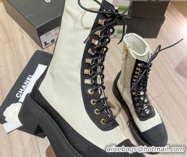 Top Quality Chanel Shiny Leather and Grosgrain Laced Short Boots 081401 White/Black 2021