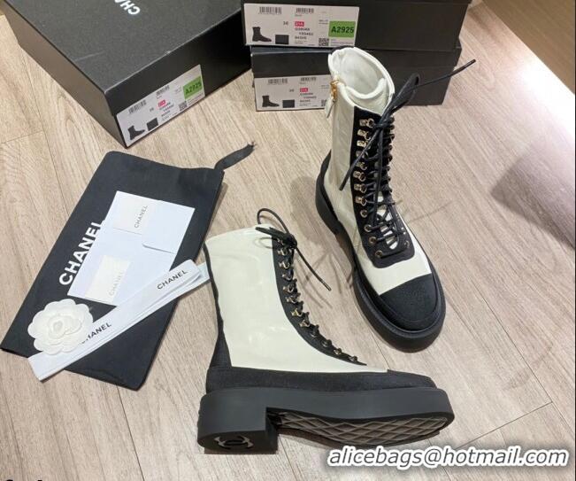 Top Quality Chanel Shiny Leather and Grosgrain Laced Short Boots 081401 White/Black 2021