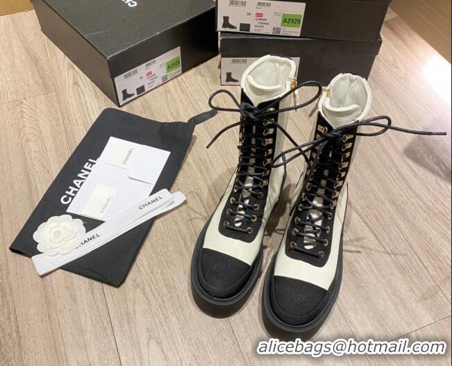 Top Quality Chanel Shiny Leather and Grosgrain Laced Short Boots 081401 White/Black 2021