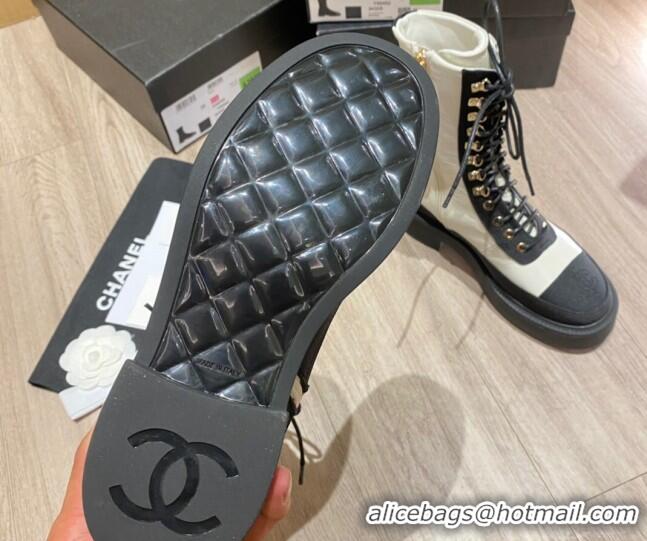 Top Quality Chanel Shiny Leather and Grosgrain Laced Short Boots 081401 White/Black 2021