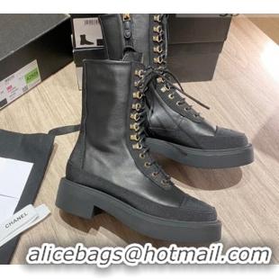 Cute Chanel Shiny Leather and Grosgrain Laced Short Boots 081401 Black