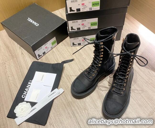 Cute Chanel Shiny Leather and Grosgrain Laced Short Boots 081401 Black