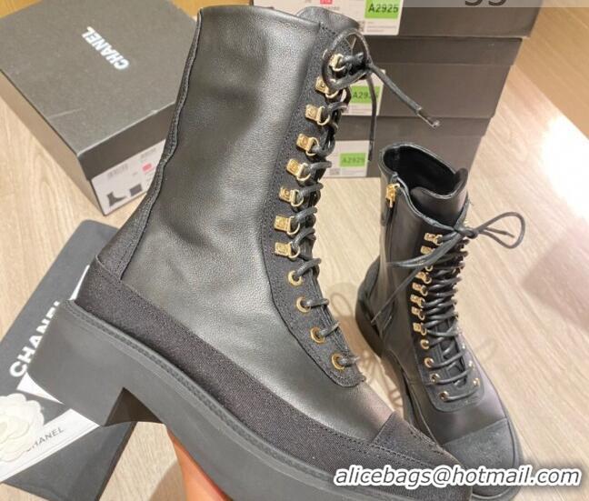 Cute Chanel Shiny Leather and Grosgrain Laced Short Boots 081401 Black