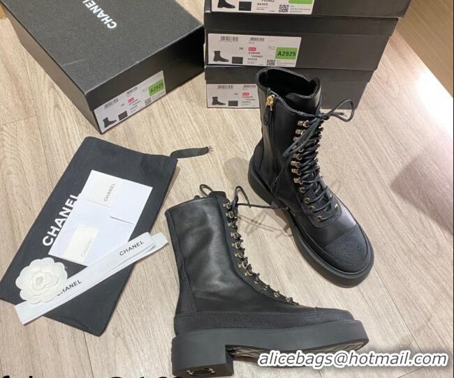 Cute Chanel Shiny Leather and Grosgrain Laced Short Boots 081401 Black