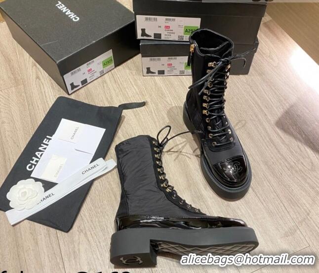 Top Quality Chanel Nylon and Patent Calfskin Laced Short Boots G38086 Black 2021