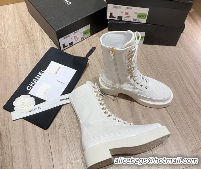  New Style Chanel Nylon and Patent Calfskin Laced Short Boots G38086 White 2021