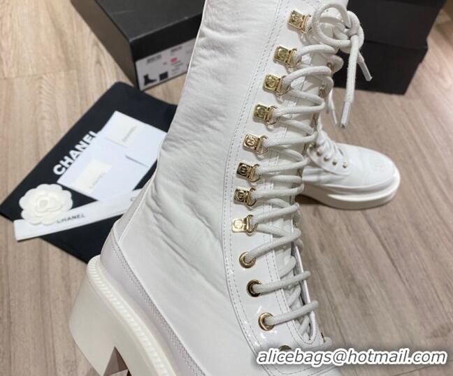  New Style Chanel Nylon and Patent Calfskin Laced Short Boots G38086 White 2021