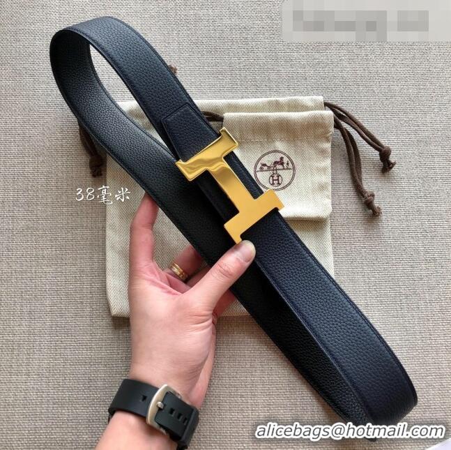 Top Quality Hermes Constance Calfskin Belt 38mm with H Buckle H1504 Black/Dark Blue 2021