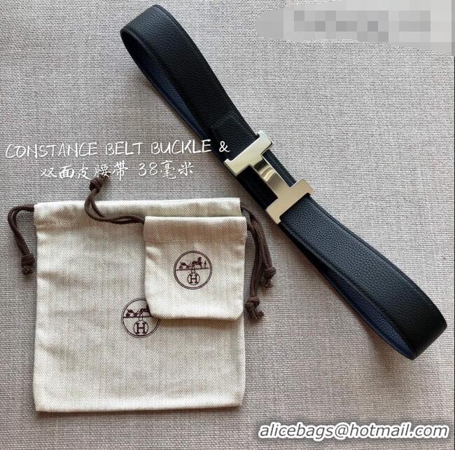 Top Quality Hermes Constance Calfskin Belt 38mm with H Buckle H1504 Black/Dark Blue 2021