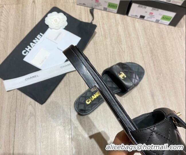 Unique Grade Chanel Leather Foldover Flat Slide Sandals 081408 Black 2021