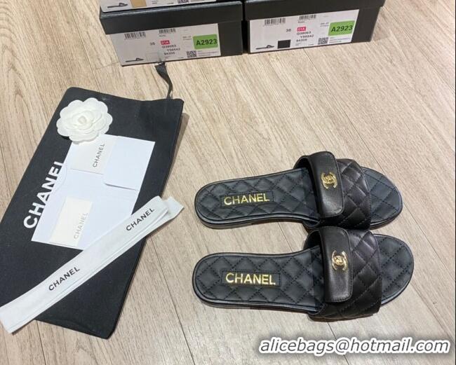 Unique Grade Chanel Leather Foldover Flat Slide Sandals 081408 Black 2021