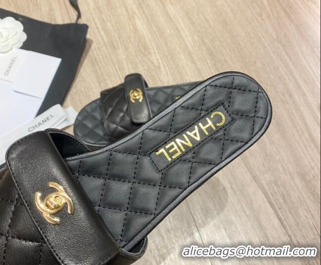 Unique Grade Chanel Leather Foldover Flat Slide Sandals 081408 Black 2021