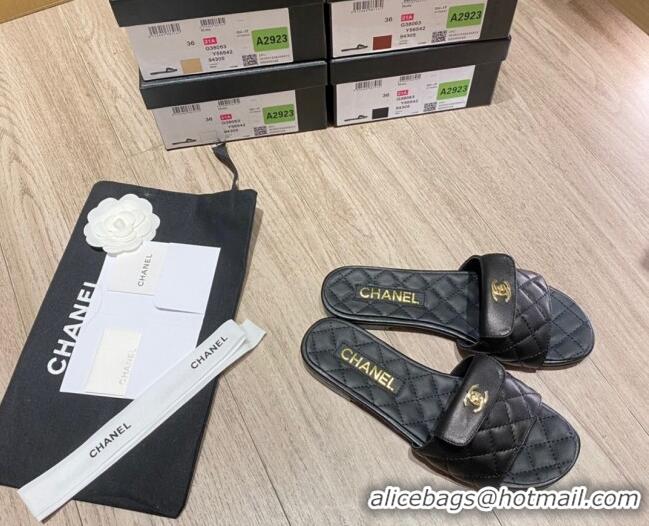 Unique Grade Chanel Leather Foldover Flat Slide Sandals 081408 Black 2021