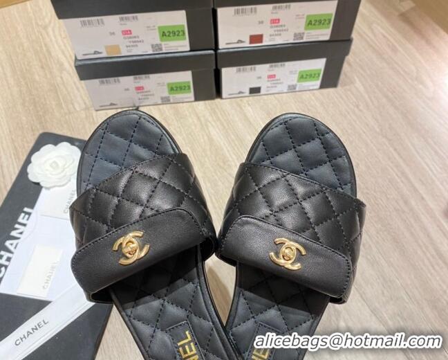 Unique Grade Chanel Leather Foldover Flat Slide Sandals 081408 Black 2021