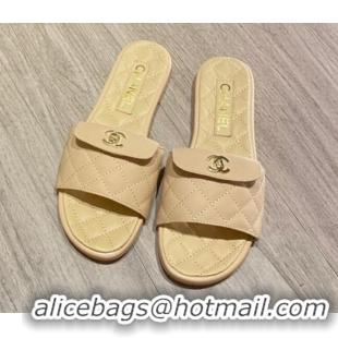 Low Cost Chanel Leather Foldover Flat Slide Sandals 081408 Apricot 2021