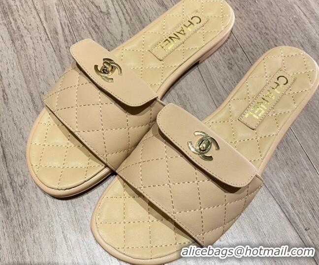 Low Cost Chanel Leather Foldover Flat Slide Sandals 081408 Apricot 2021