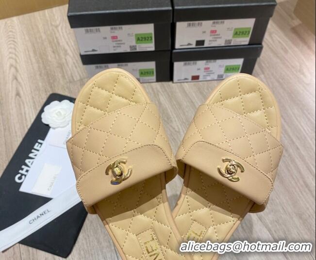 Low Cost Chanel Leather Foldover Flat Slide Sandals 081408 Apricot 2021