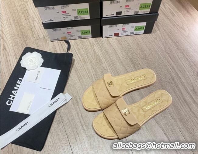 Low Cost Chanel Leather Foldover Flat Slide Sandals 081408 Apricot 2021