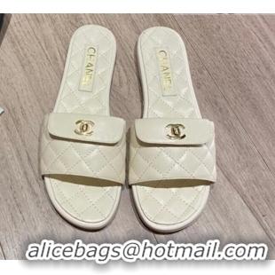 Elegant Chanel Leather Foldover Flat Slide Sandals 081408 White 2021