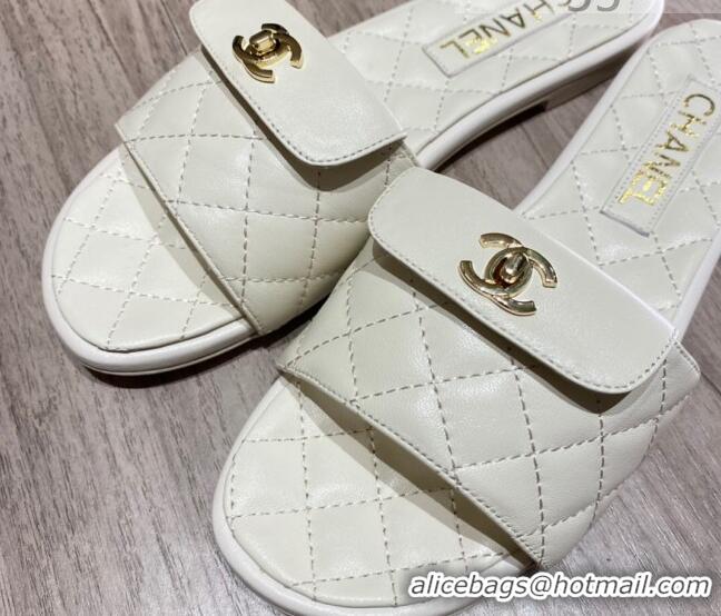 Elegant Chanel Leather Foldover Flat Slide Sandals 081408 White 2021