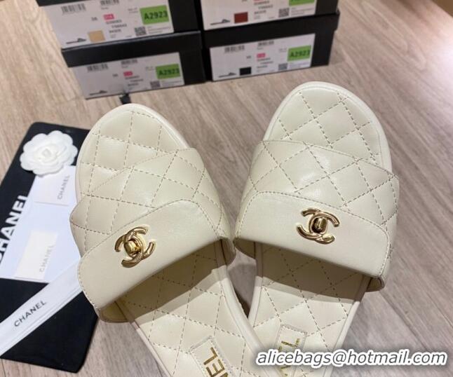 Elegant Chanel Leather Foldover Flat Slide Sandals 081408 White 2021