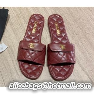 Discount Chanel Leather Foldover Flat Slide Sandals 081408 Burgundy 2021