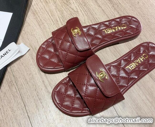 Discount Chanel Leather Foldover Flat Slide Sandals 081408 Burgundy 2021