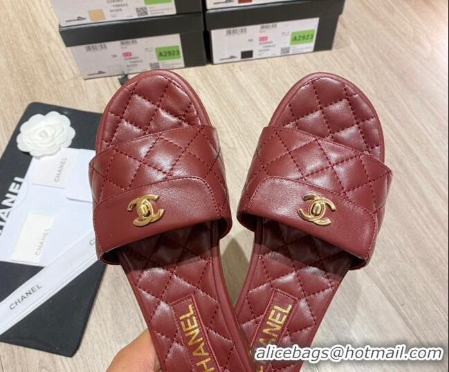 Discount Chanel Leather Foldover Flat Slide Sandals 081408 Burgundy 2021