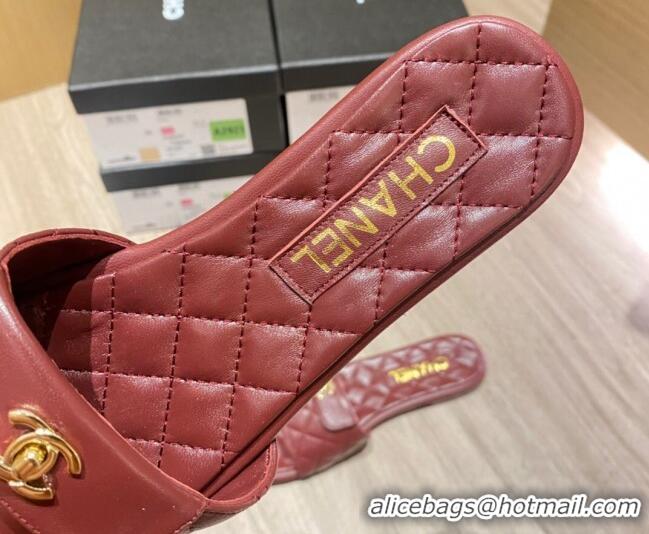 Discount Chanel Leather Foldover Flat Slide Sandals 081408 Burgundy 2021