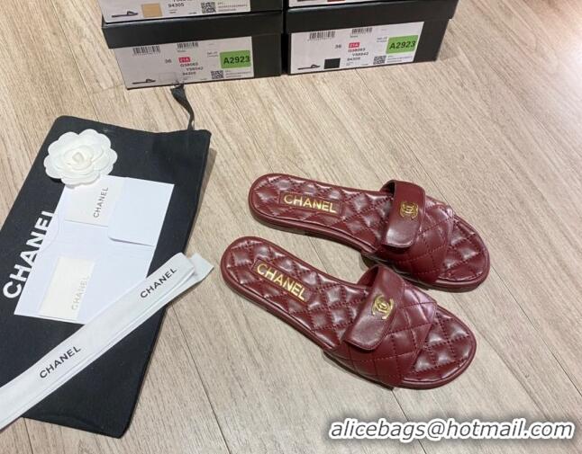 Discount Chanel Leather Foldover Flat Slide Sandals 081408 Burgundy 2021