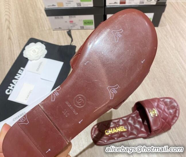 Discount Chanel Leather Foldover Flat Slide Sandals 081408 Burgundy 2021