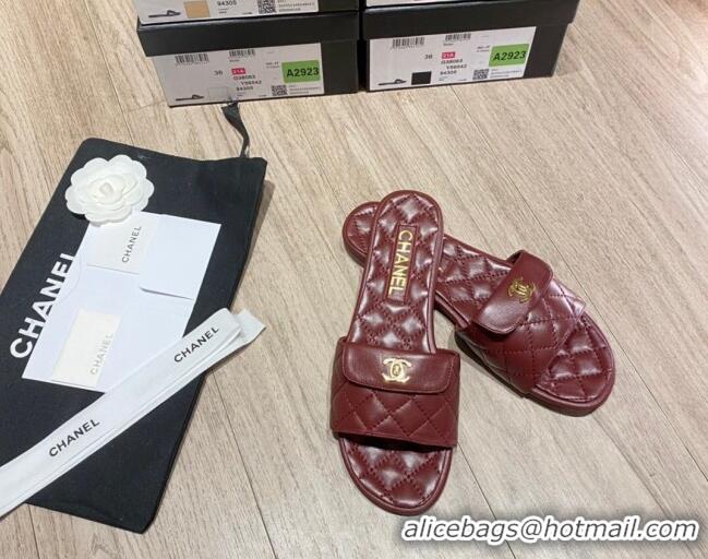 Discount Chanel Leather Foldover Flat Slide Sandals 081408 Burgundy 2021