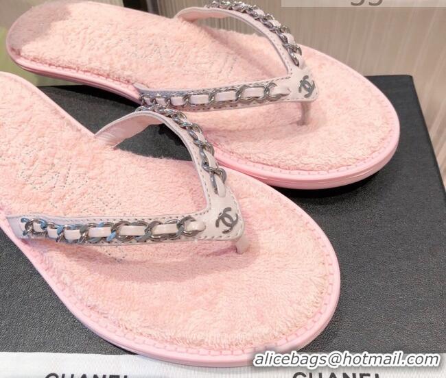 Best Product Chanel Leather Towel Chain Flat Thong Slide Sandals 081622 Pink 2021