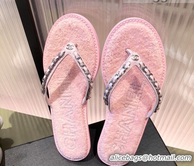 Best Product Chanel Leather Towel Chain Flat Thong Slide Sandals 081622 Pink 2021