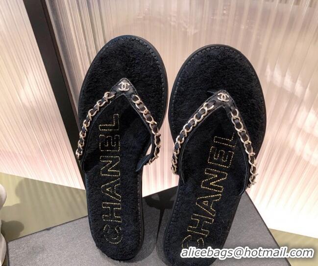 Top Grade Chanel Leather Towel Chain Flat Thong Slide Sandals 081622 Black 2021