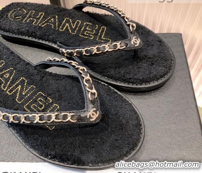 Top Grade Chanel Leather Towel Chain Flat Thong Slide Sandals 081622 Black 2021