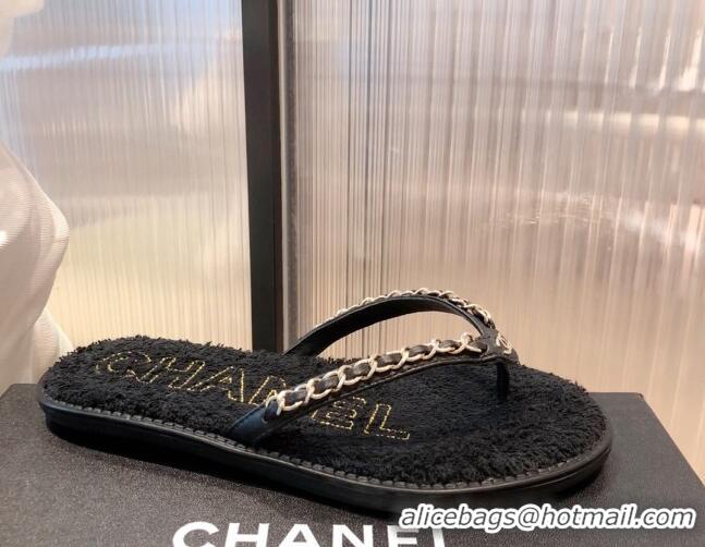 Top Grade Chanel Leather Towel Chain Flat Thong Slide Sandals 081622 Black 2021