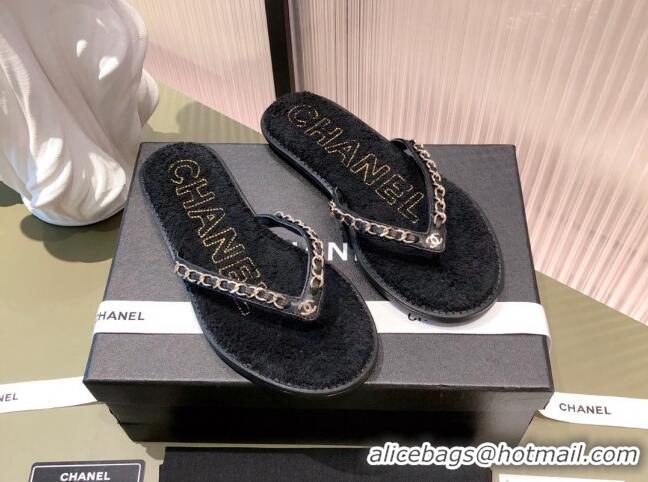 Top Grade Chanel Leather Towel Chain Flat Thong Slide Sandals 081622 Black 2021