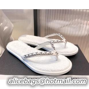 Top Design Chanel Leather Towel Chain Flat Thong Slide Sandals 081622 White 2021