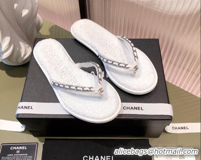 Top Design Chanel Leather Towel Chain Flat Thong Slide Sandals 081622 White 2021