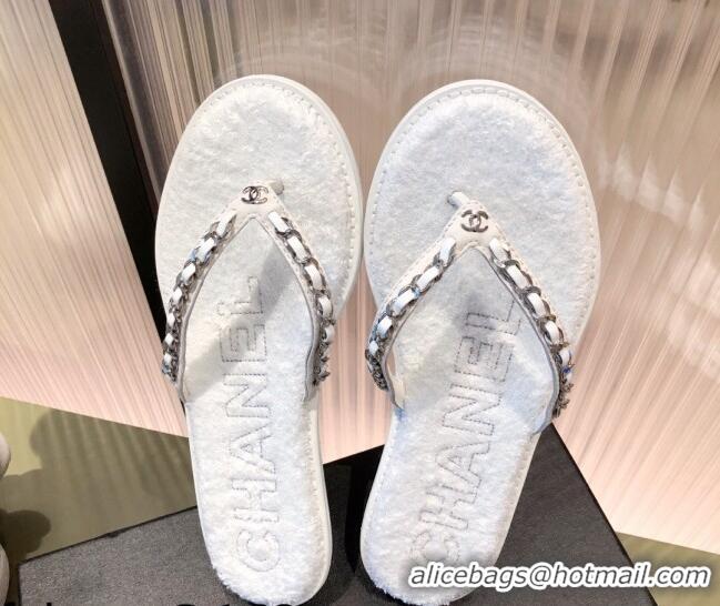 Top Design Chanel Leather Towel Chain Flat Thong Slide Sandals 081622 White 2021