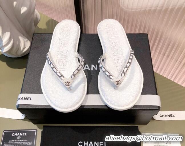 Top Design Chanel Leather Towel Chain Flat Thong Slide Sandals 081622 White 2021