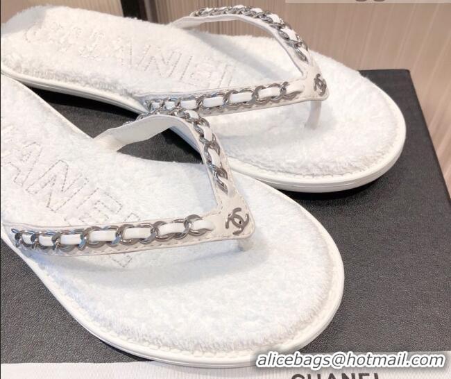 Top Design Chanel Leather Towel Chain Flat Thong Slide Sandals 081622 White 2021