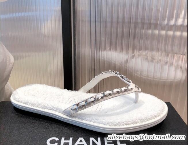 Top Design Chanel Leather Towel Chain Flat Thong Slide Sandals 081622 White 2021