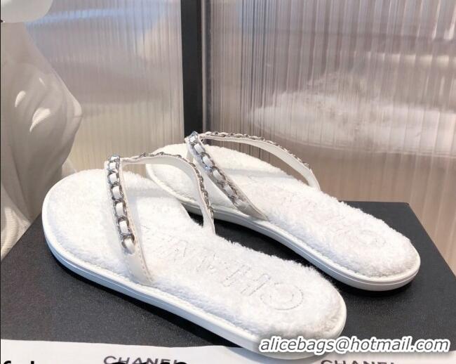 Top Design Chanel Leather Towel Chain Flat Thong Slide Sandals 081622 White 2021