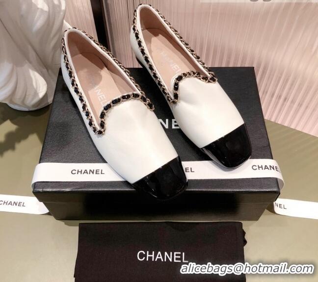 Top Design Chanel Calfskin Chain Loafers G37852 White 2021