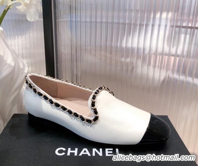 Top Design Chanel Calfskin Chain Loafers G37852 White 2021