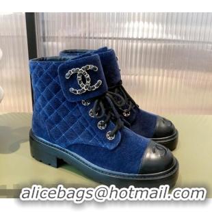 Low Price Chanel Velvet Lace-ups Ankle Boots G36424 Blue 2021