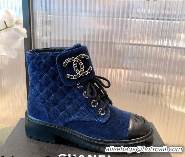 Low Price Chanel Velvet Lace-ups Ankle Boots G36424 Blue 2021